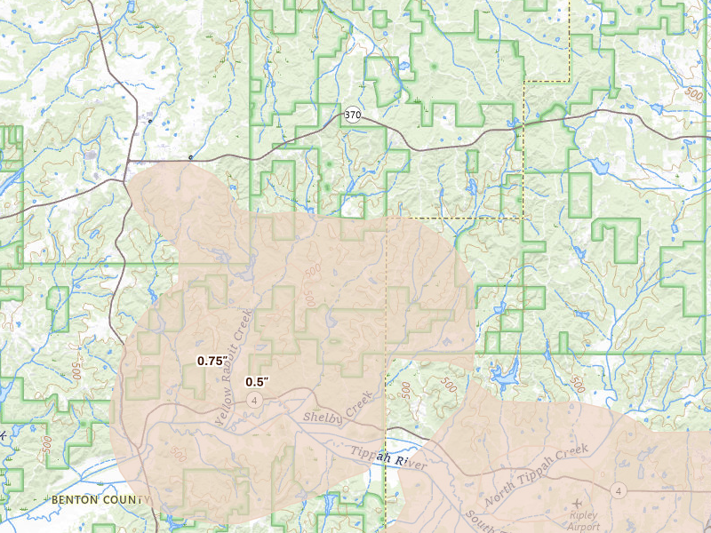 Radar-estimated hail-size map of the storm over Ashland, MS on Aug 17, 2026