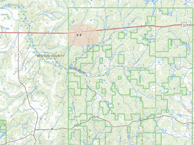 Radar-estimated hail-size map of the storm over Ashland, MS on Aug 22, 2026