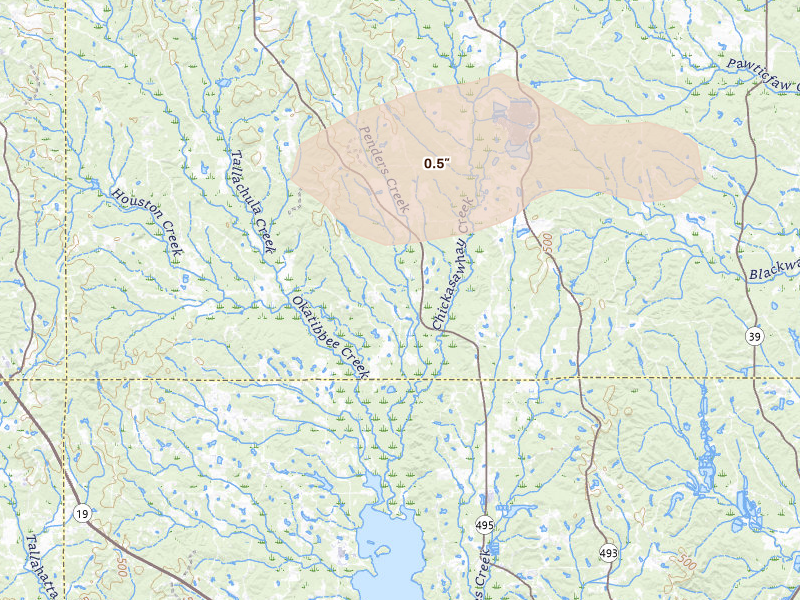Radar-estimated hail-size map of the storm over Bailey, MS on Jul 1, 2026