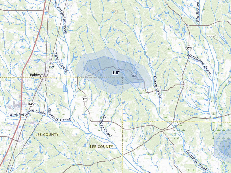 NEXRAD radar-signature map of the hail over Baldwyn, MS