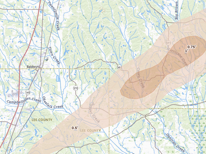 Radar-estimated hail-size map of the storm over Baldwyn, MS on Mar 15, 2026
