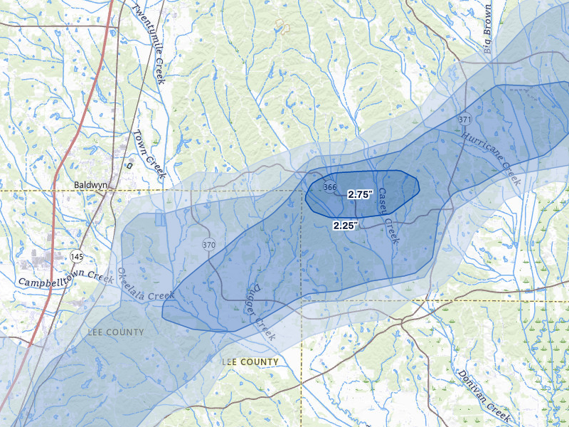NEXRAD radar-signature map of the hail over Baldwyn, MS