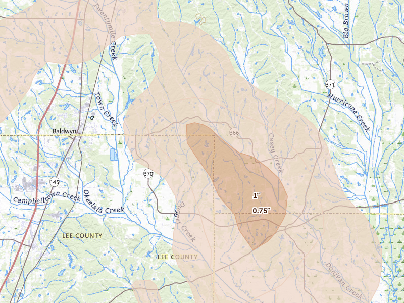 Radar-estimated hail-size map of the storm over Baldwyn, MS on Jun 1, 2026