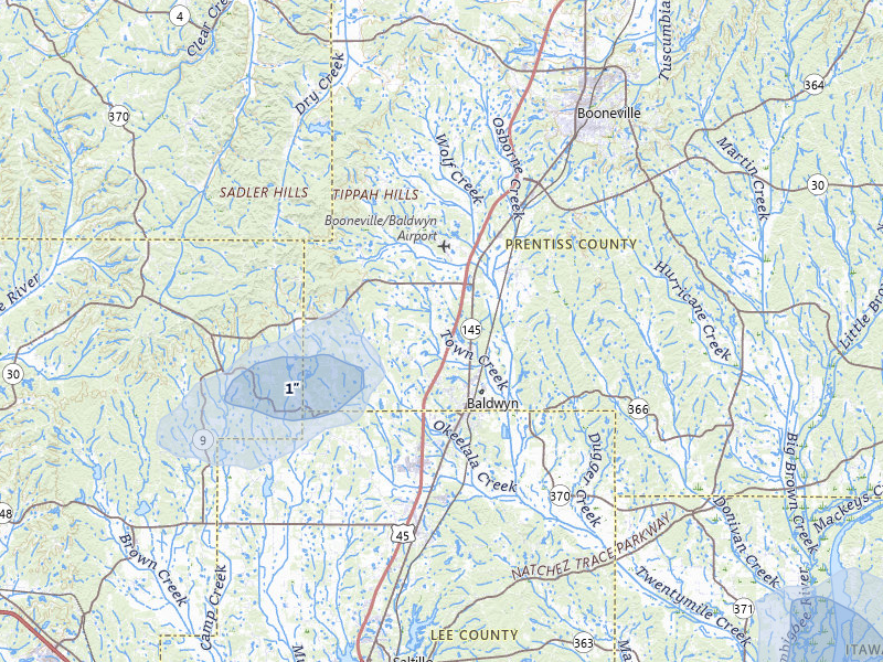 NEXRAD radar-signature map of the hail storm over Baldwyn, MS on Jul 9, 2026