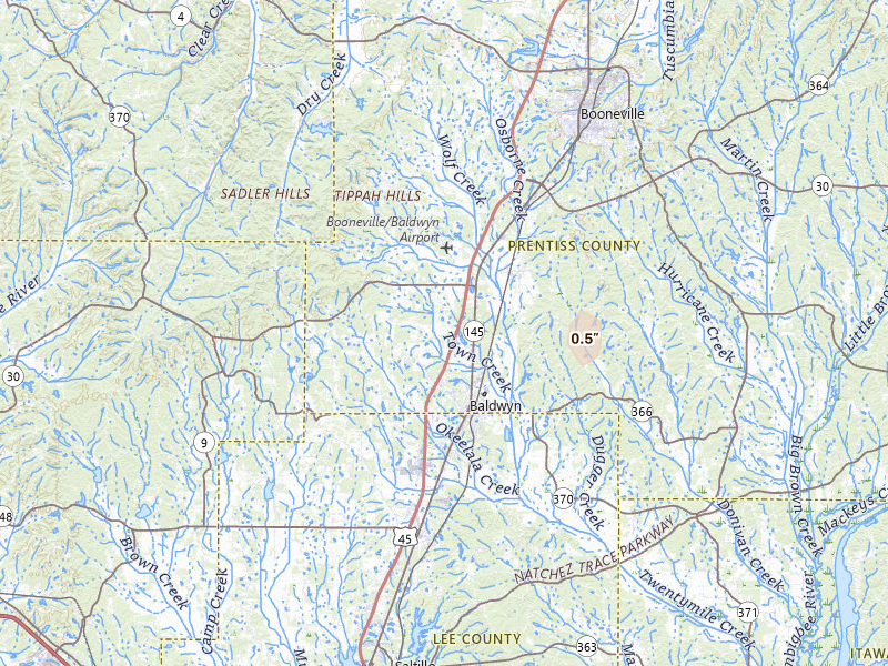 Radar-estimated hail-size map of the storm over Baldwyn, MS on Jul 18, 2026