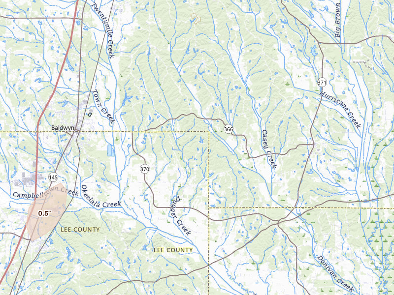Radar-estimated hail-size map of the storm over Baldwyn, MS on Jul 29, 2026