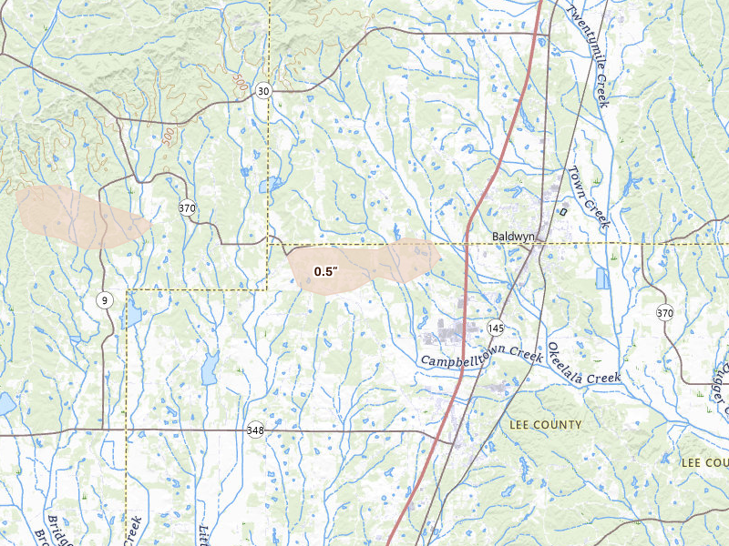 Radar-estimated hail-size map of the storm over Baldwyn, MS on Aug 20, 2026