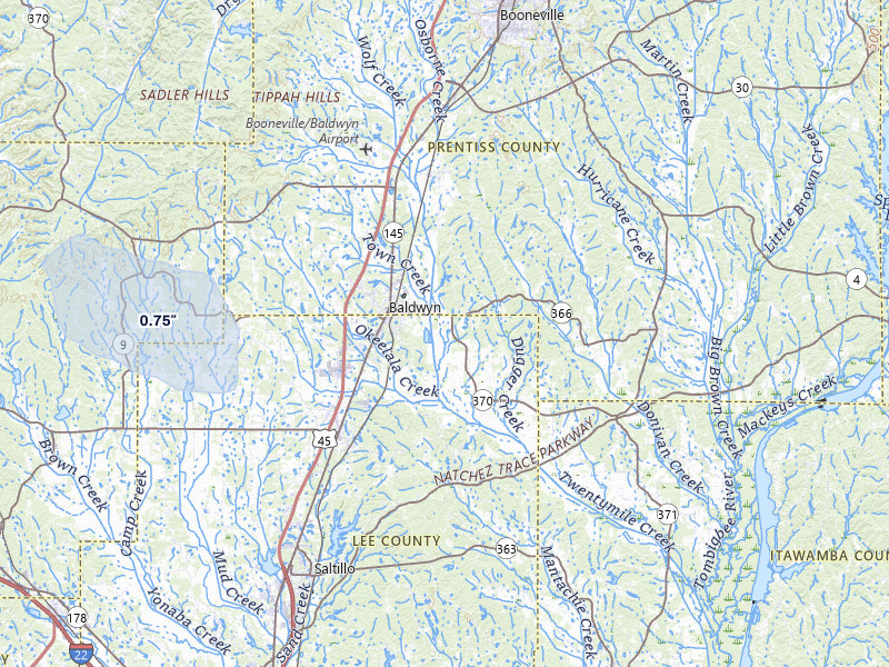 NEXRAD radar-signature map of the hail storm over Baldwyn, MS on Aug 20, 2026