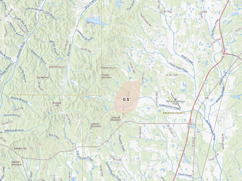 Radar-estimated hail-size map of the storm over Baldwyn, MS