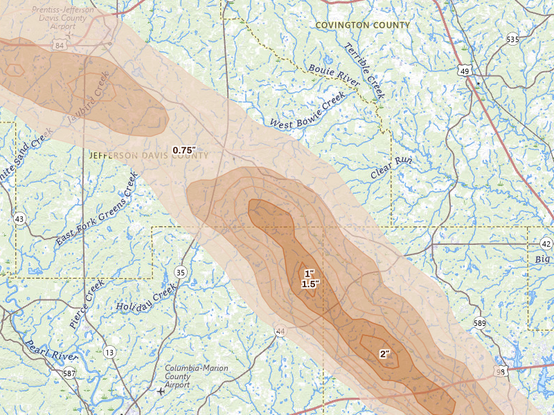 Radar-estimated hail-size map of the storm over Bassfield, MS on Apr 24, 2026