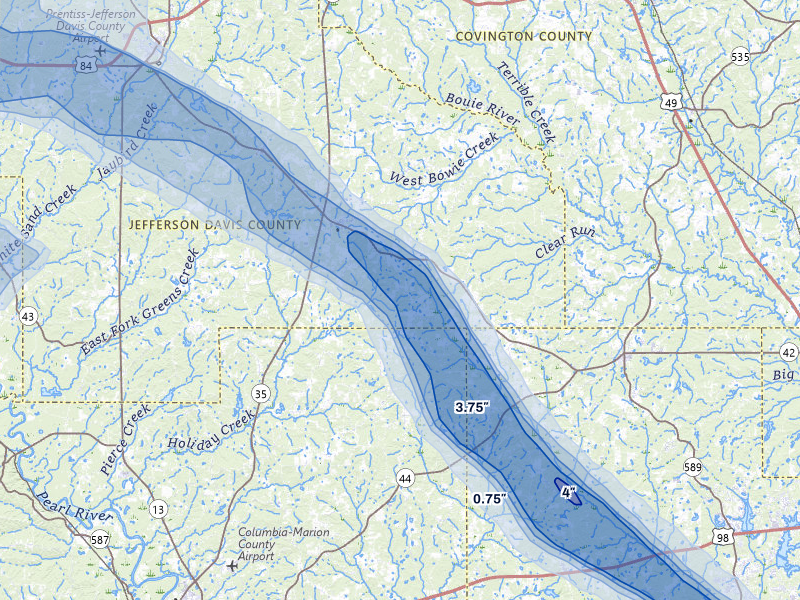 NEXRAD radar-signature map of the hail storm over Bassfield, MS on Apr 24, 2026