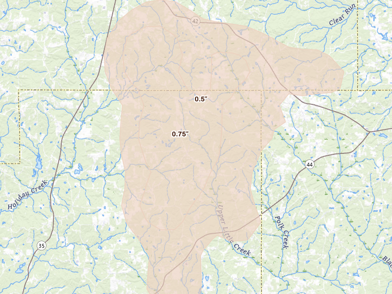 Radar-estimated hail-size map of the storm over Bassfield, MS on Aug 17, 2026