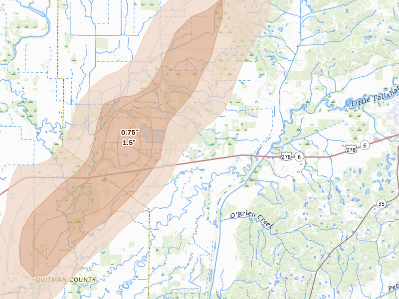 Radar-estimated hail-size map of the storm over Batesville, MS on Mar 6, 2026