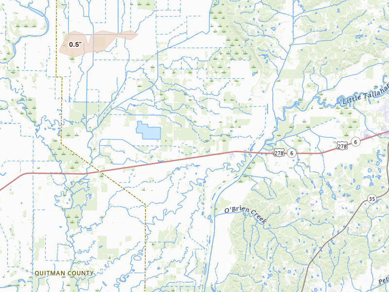 Radar-estimated hail-size map of the storm over Batesville, MS on Apr 27, 2026