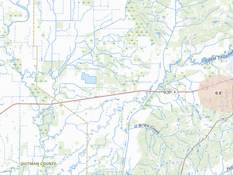 Radar-estimated hail-size map of the storm over Batesville, MS on Jul 1, 2026