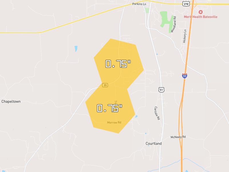 Hail map of Batesville, MS on Jul 1, 2026, hail up to 0.75"