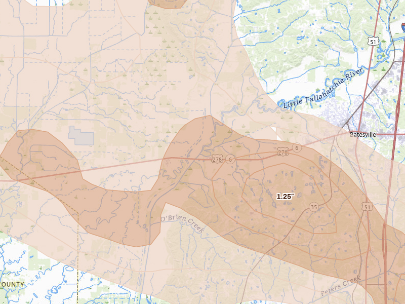 Radar-estimated hail-size map of the storm over Batesville, MS on Aug 22, 2026