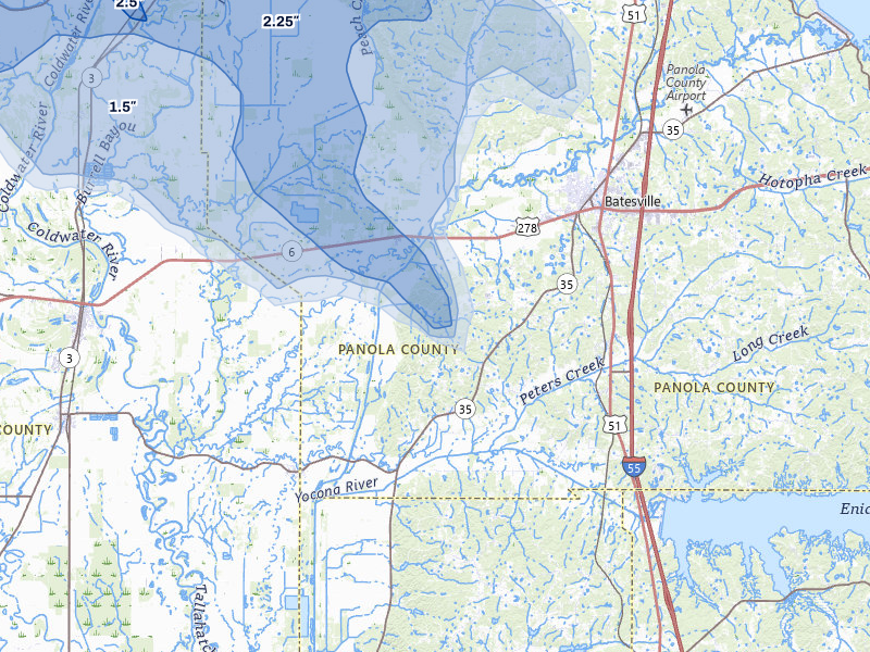 NEXRAD radar-signature map of the hail storm over Batesville, MS on Aug 22, 2026