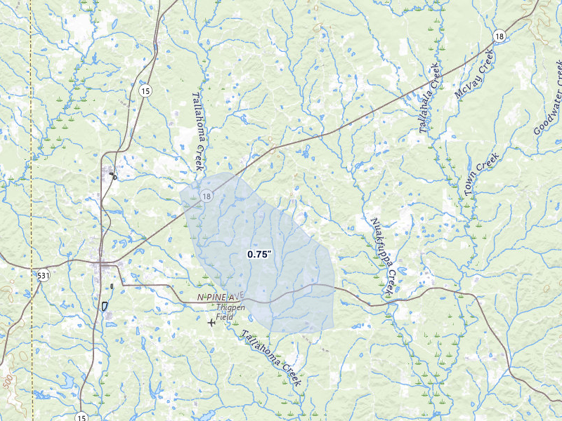 NEXRAD radar-signature map of the hail storm over Bay Springs, MS on Jan 9, 2026