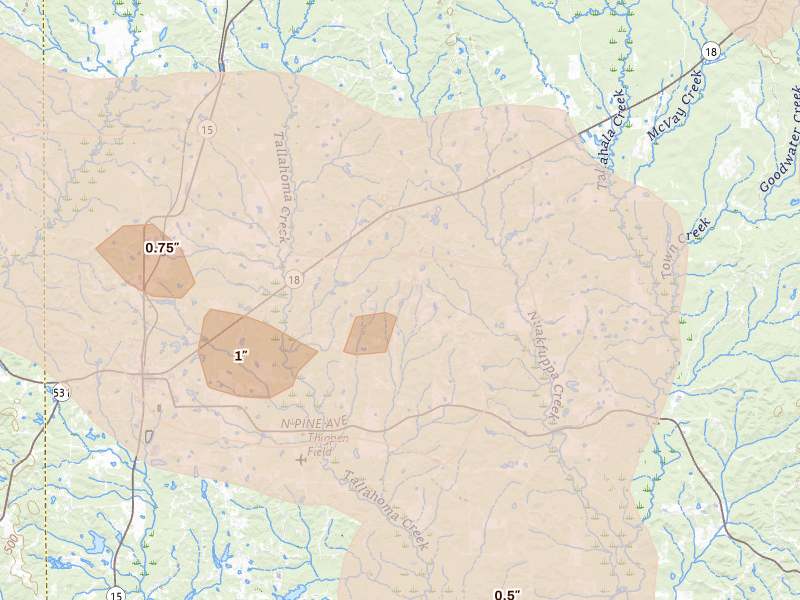 Radar-estimated hail-size map of the storm over Bay Springs, MS on Apr 24, 2026