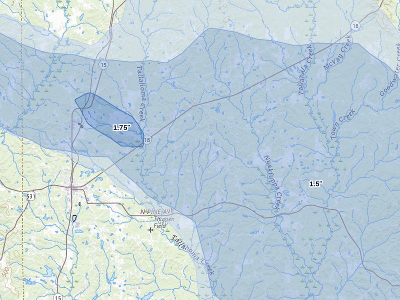 NEXRAD radar-signature map of the hail over Bay Springs, MS