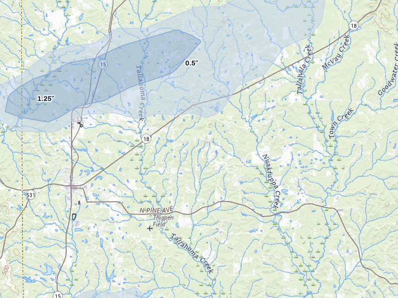 NEXRAD radar-signature map of the hail storm over Bay Springs, MS on May 6, 2026