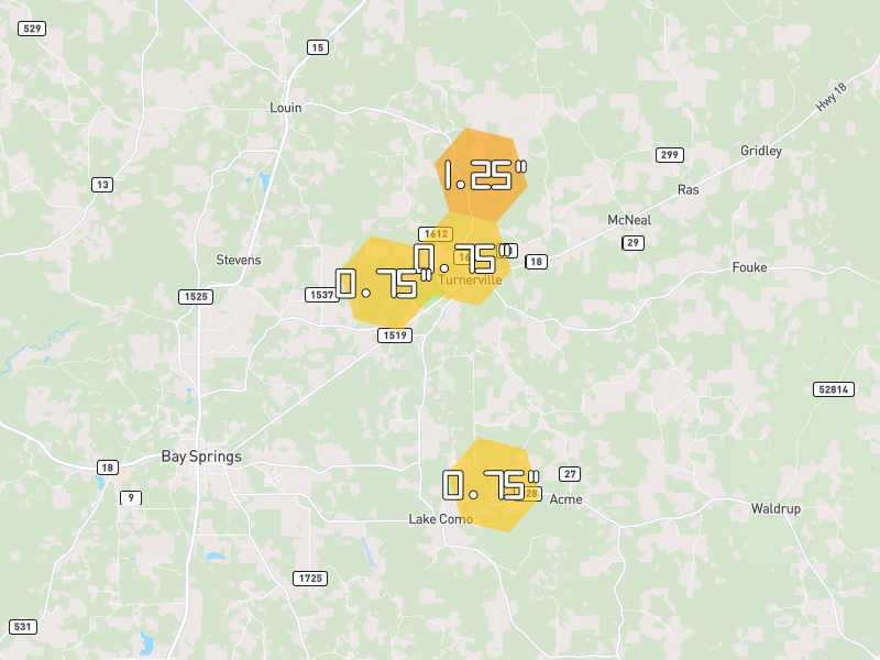 Hail map of Bay Springs, MS on Jun 2, 2026, hail up to 1.25"