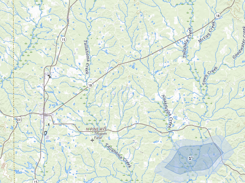 NEXRAD radar-signature map of the hail storm over Bay Springs, MS on Jul 30, 2026