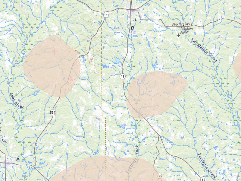 Radar-estimated hail-size map of the storm over Bay Springs, MS on Aug 20, 2026