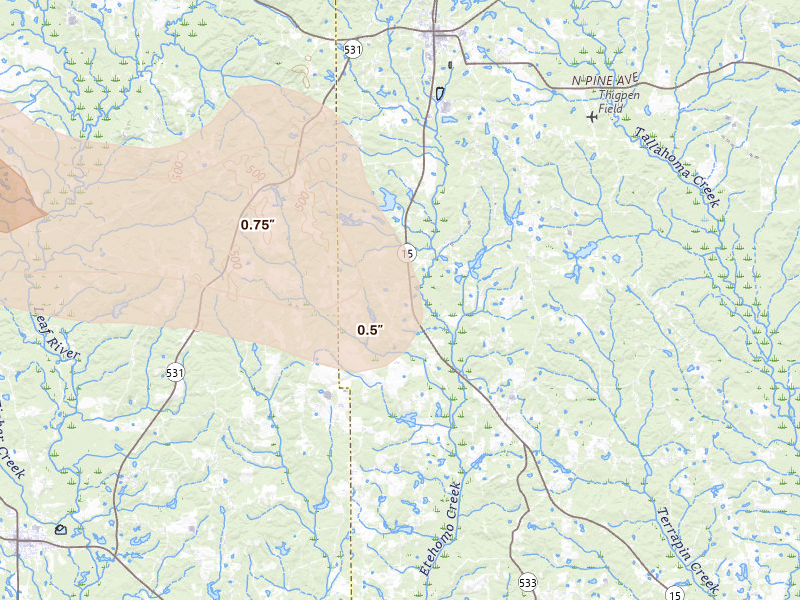 Radar-estimated hail-size map of the storm over Bay Springs, MS on Aug 21, 2026