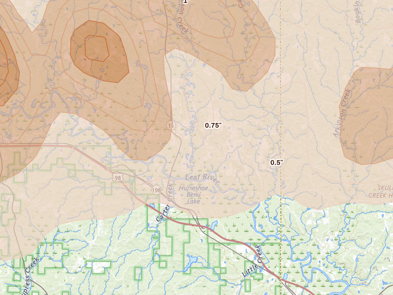 Radar-estimated hail-size map of the storm over Beaumont, MS on May 6, 2026