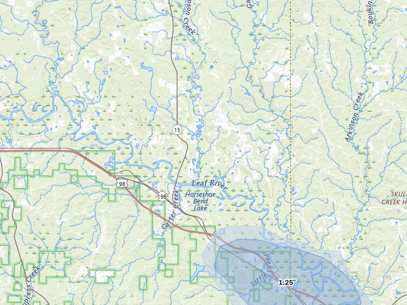 NEXRAD radar-signature map of the hail storm over Beaumont, MS on Jul 5, 2026