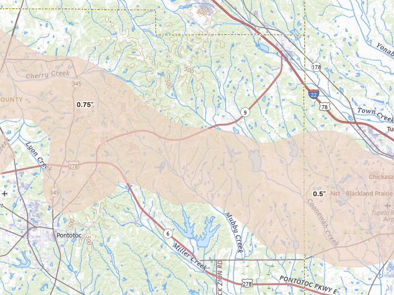 Radar-estimated hail-size map of the storm over Belden, MS on Feb 26, 2026