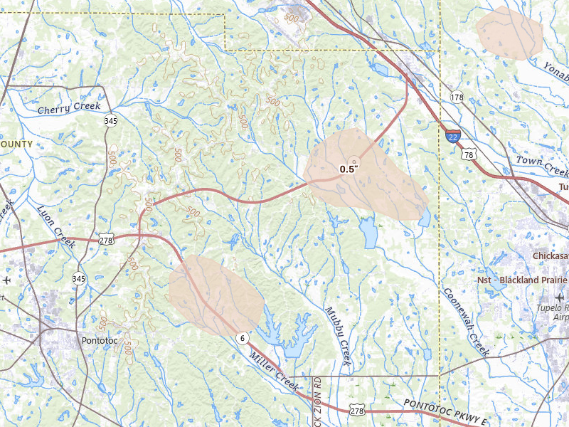 Radar-estimated hail-size map of the storm over Belden, MS on Mar 15, 2026
