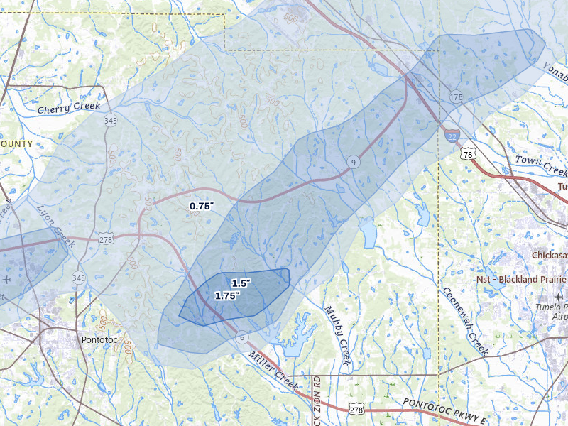NEXRAD radar-signature map of the hail over Belden, MS