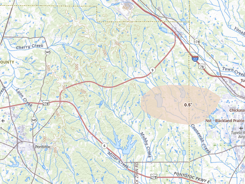 Radar-estimated hail-size map of the storm over Belden, MS on Jul 9, 2026