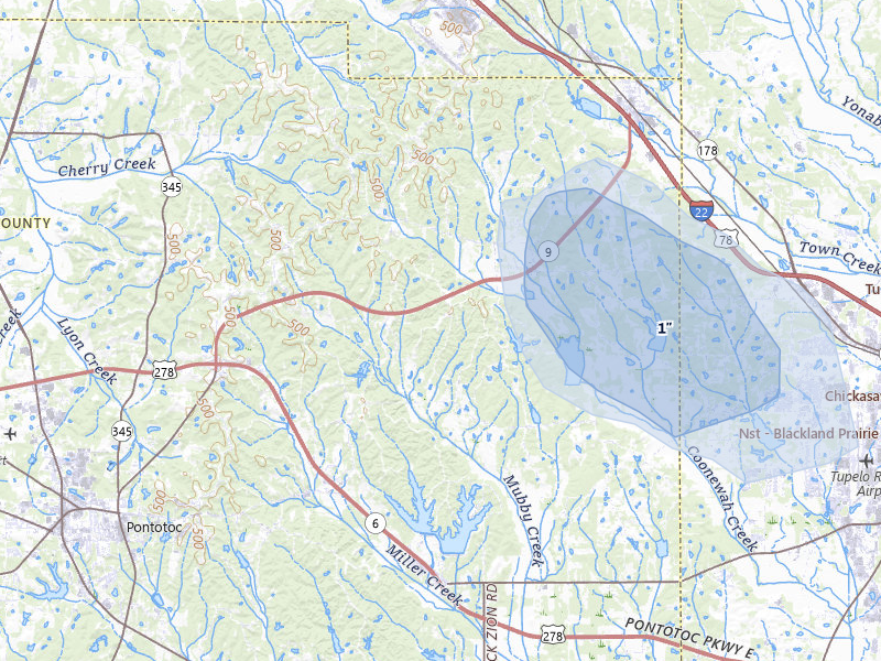 NEXRAD radar-signature map of the hail storm over Belden, MS on Jul 9, 2026