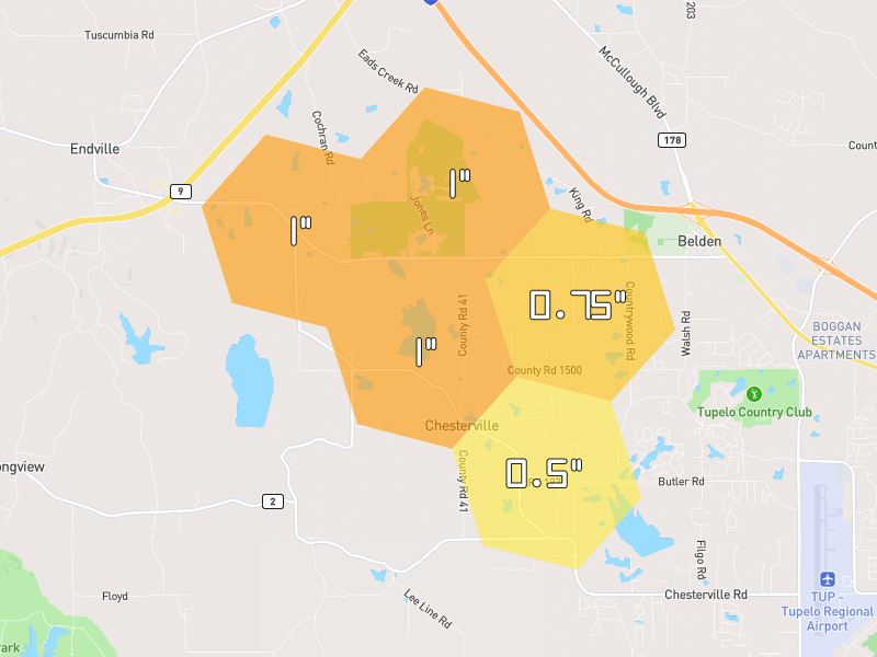 Hail map of Belden, MS on Jul 9, 2026, hail up to 1"