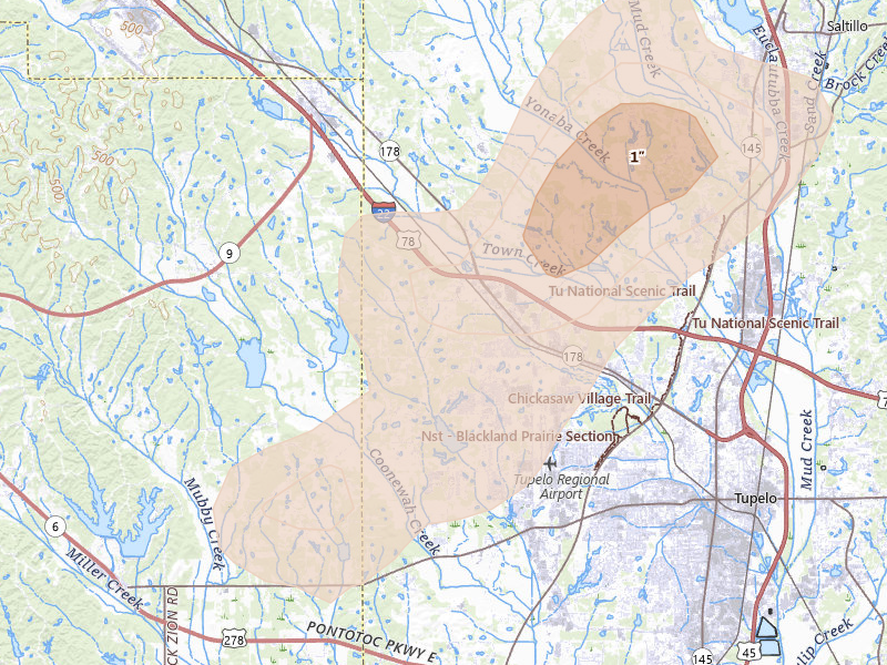Radar-estimated hail-size map of the storm over Belden, MS on Aug 10, 2026