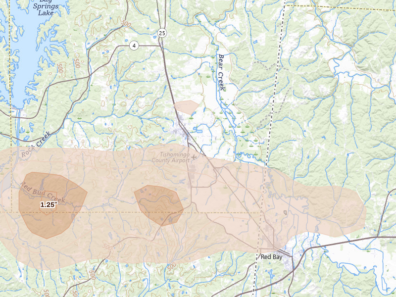 Radar-estimated hail-size map of the storm over Belmont, MS on Apr 28, 2026