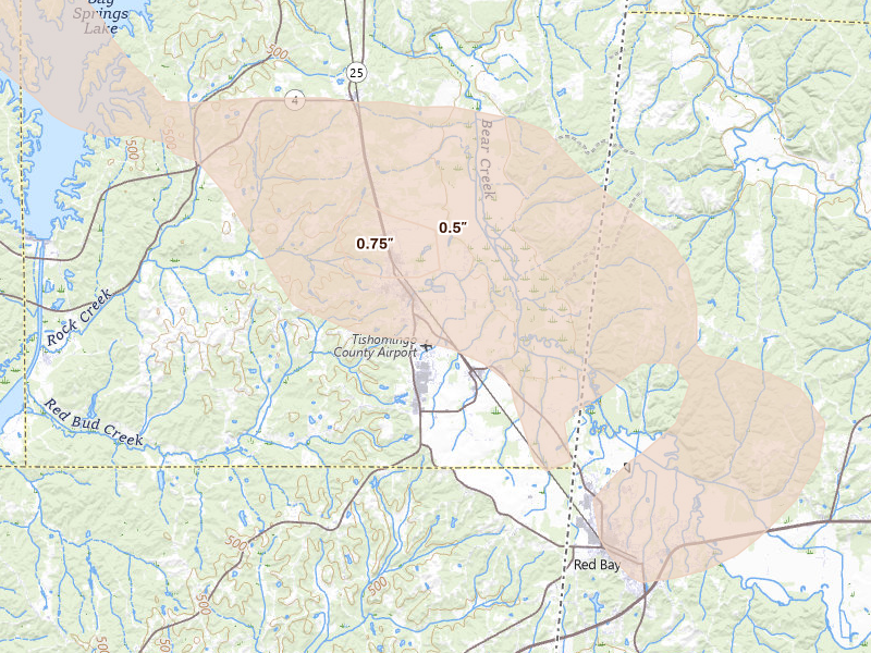 Radar-estimated hail-size map of the storm over Belmont, MS on Jun 1, 2026