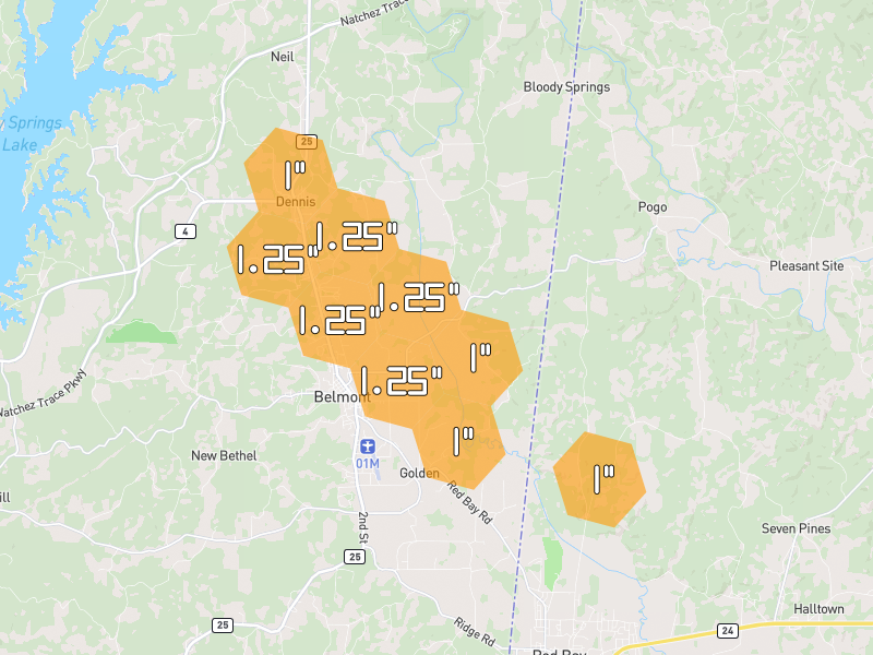 Hail map of Belmont, MS on Jun 1, 2026, hail up to 1.25"