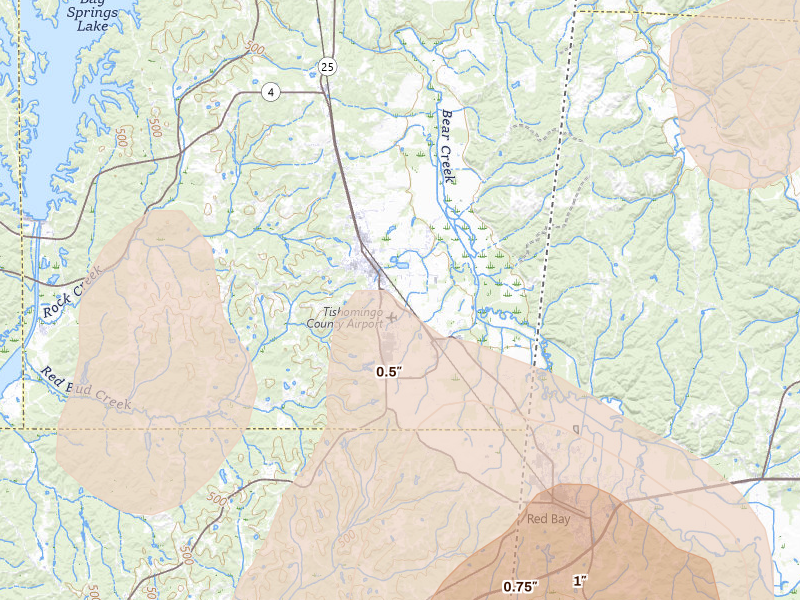 Radar-estimated hail-size map of the storm over Belmont, MS on Jul 1, 2026