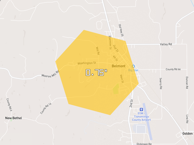Hail map of Belmont, MS on Jul 1, 2026, hail up to 0.75"