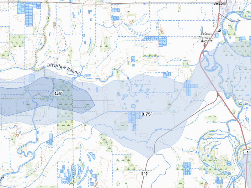 NEXRAD radar-signature map of the hail storm over Belzoni, MS on Mar 15, 2026