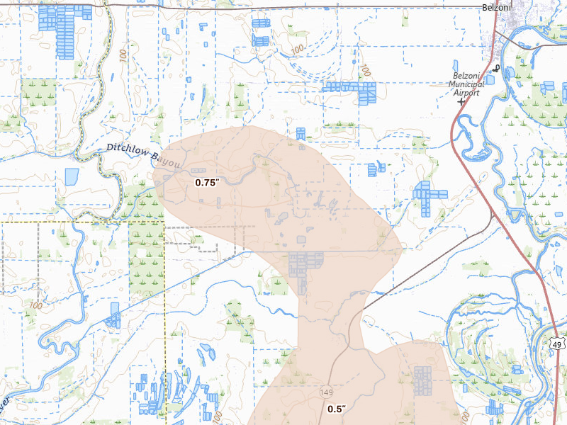 Radar-estimated hail-size map of the storm over Belzoni, MS on Jun 1, 2026