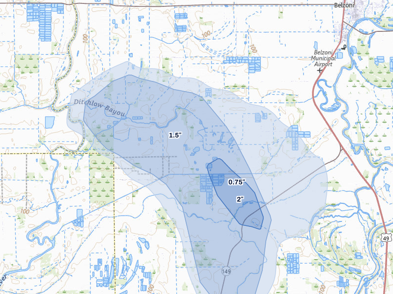 NEXRAD radar-signature map of the hail storm over Belzoni, MS on Jun 1, 2026