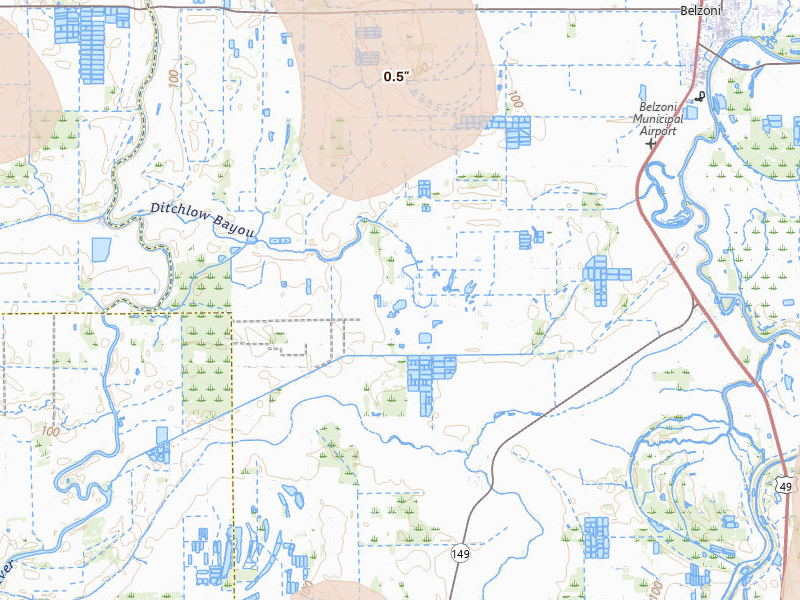 Radar-estimated hail-size map of the storm over Belzoni, MS on Jul 1, 2026