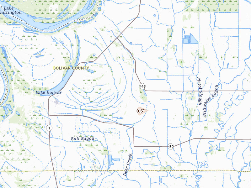 Radar-estimated hail-size map of the storm over Benoit, MS on Mar 7, 2026