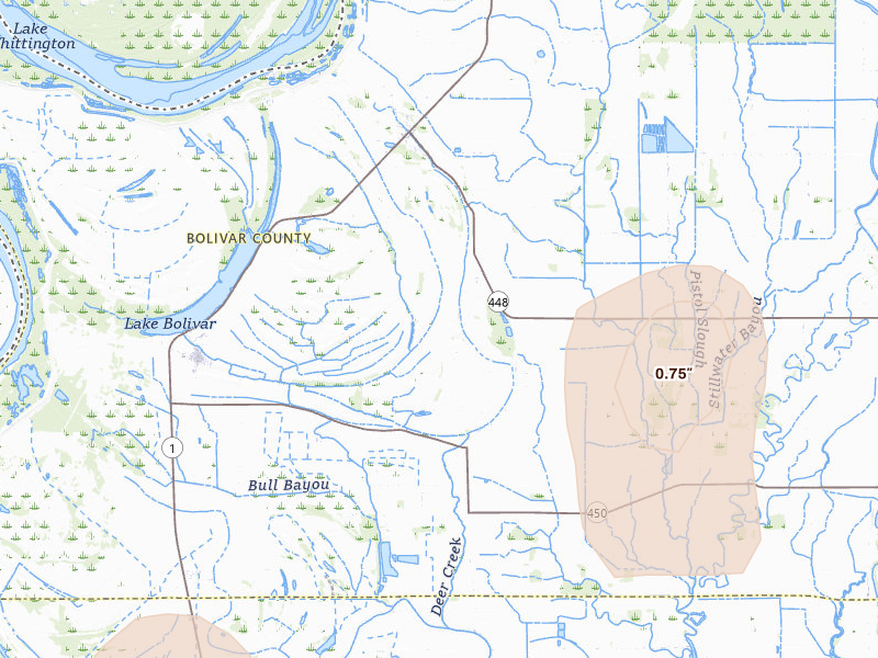 Radar-estimated hail-size map of the storm over Benoit, MS on Jun 1, 2026
